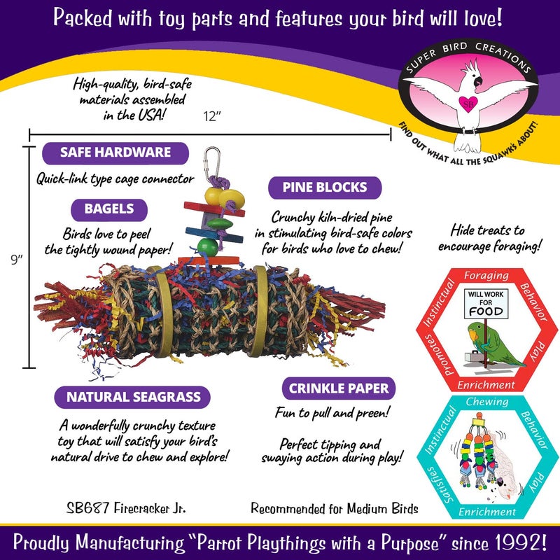 Super Bird Creations SB687 Firecracker Jr. Bird Toy - Foraging Chewing Swinging Toy for Parrots, Conures, Quakers, Pionus, Senegals - Natural Paper Shred Palm Leaves - Medium Birds, Size: 18" x 8" - Image 3